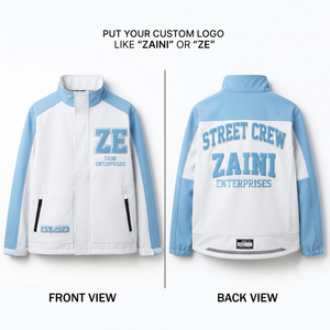 ZAINI 340 GSM Premium Polyester Softshell <b>Jacket</b> <b>White</b> Sky Blue Panel <b>Men</b> Autumn Hooded Outerwear - Product Image 1
