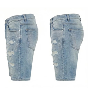 Men’s Light Blue Distressed Denim Shorts Rhinestone Embellished Loose Fit Knee Length Baggy <b>Jean</b> Shorts Casual Streetwear - Product Image 3