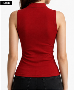 Top sin mangas rojo estilo chino para mujer, cuello mandarín con abertura, botones, estampado, tejido, ajustado, transpirable y ecológico. - Product Image 2