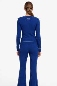 Women's Navy Blue Ribbed Knit V Neck <b>Long</b> Sleeve Top and Flare Pants Set with Contrast Trim - Product Image 3