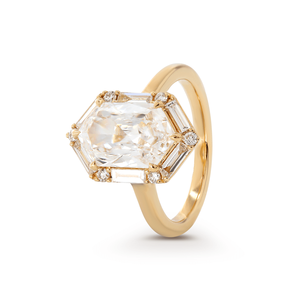 Bague Art Déco en Or Jaune Massif 14K avec Diamant de Laboratoire Taille Duchesse Géométrique et Halo Rond Brillant Personnalisé - Product Image 3
