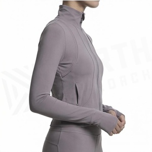 Chaqueta de yoga con cremallera completa para mujer North Approach, color gris sólido, ropa deportiva que absorbe el sudor, manga larga, cuello alto - Product Image 3