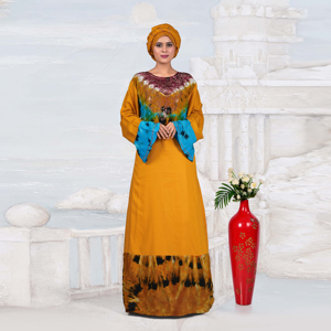 Robe longue islamique pour femme, style kaftan modeste en rayonne, avec col orné de diamants, motif tie-dye, manches longues, style Moyen-Orient - Product Image 3