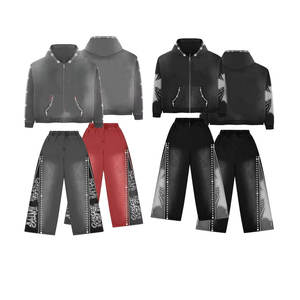 Unisex Streetwear Tracksuit Set Hooded Zipper Sweatshirt With Rhinestone <b>Details</b> And Drawstring Pants Solid Color Full Sleeve - Product Image 3