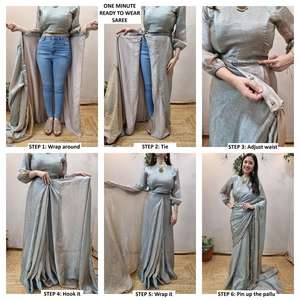 Sari en soie Fendy argenté pré-cousu, prêt à porter en une minute, avec drapé fluide et surpiqué |   Chemisier prêt-à-porter et taille unique - Product Image 5