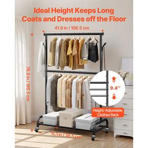 Appendiabiti in Acciaio al Carbonio Resistente, Capacità di Carico 68 Kg, Barra Trasversale Regolabile, Ganci Laterali, Ruote per Camera da Letto e Soggiorno - Product Image 3