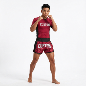 ชุดกางเกงมวยไทยแบบกำหนดเองพร้อมเสื้อรัดกล้ามเนื้อ ลายพิมพ์แบบรีดร้อน โพลีเอสเตอร์ 100% ยืดหยุ่น ระบายอากาศ แห้งเร็ว สำหรับ MMA มวยไทย คิกบ็อกซิ่ง - Product Image 4