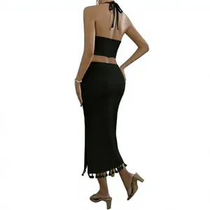 <b>Boho</b> Knit Tassel Trim Crop Top & Side Slit Maxi <b>Skirt</b> Set - Product Image 1