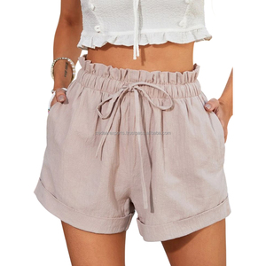Logo personnalisé pour femmes coupe ample short en coton et lin décontracté respirant avec cordon de serrage à la taille méthode de tissage tissé - Product Image 1