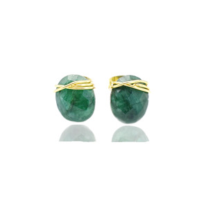 <b>Emerald</b> Gemstone <b>Stud</b> Earrings | Wire Wrapped Oval Green Stone 8–10mm | May Birthstone Gift - Product Image 2