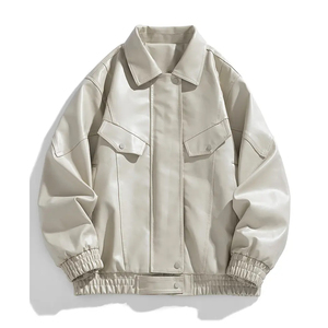 Chaqueta de Motociclista de Cuero PU para Hombre, Cuello Camisero, Cierre de Cremallera, Corte Regular, Estilo Urbano Deportivo para Otoño e Invierno - Product Image 1