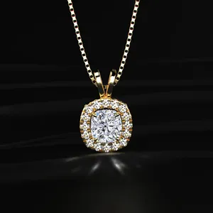 Lab Grown CVD Diamond Halo Pendant <b>Necklace</b> Cushion Cut <b>D</b>-E Color VVS-VS Clarity IGI Certified Gold Engagement Wedding India - Product Image 3