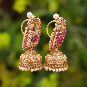 14K Gold Plated Rose Gold Drop Hoop <b>Earrings</b> with <b>Pearl</b> <b>and</b> <b>Diamond</b> Ganesha Engraved Coin - Product Image 3