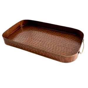 Bandeja de servir antigua de cobre con asas de latón, bandeja rectangular de metal martillado a mano para vajilla del hogar, bandeja decorativa para servir. - Product Image 1