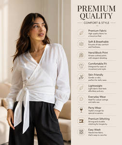 Wholesale Women Cotton Wrap Blouse V Neck Long <b>Balloon</b> Sleeve Tie Waist Casual Elegant Chic Summer Tops Manufacturer Supplier - Product Image 3
