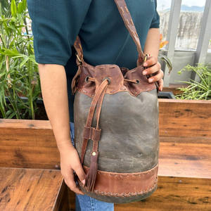 Full Grain Genuine Leather Bucket Bag Western Leather <b>Pouch</b> with Drawstring Shoulder Bag Women's 100% Cow Leather Handmade Bags - Product Image 2