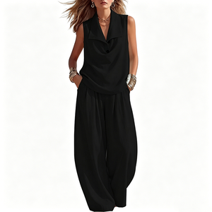 Conjunto de 2 Piezas para Mujer, Top Corto sin Mangas con Cuello en V y Pantalones Anchos, Estilo Minimalista para Vacaciones de Verano o Crucero - Product Image 4