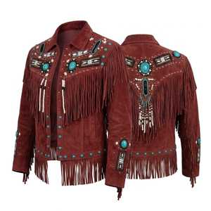 Blouson en daim bordeaux à franges, style western perlé, col rabattu, manches longues, grande taille, chic prairie, automne - Product Image 4