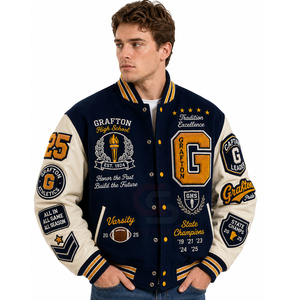 Chaqueta universitaria personalizada con bordado, cuerpo de lana y parches de chenilla, mangas de cuero personalizadas, chaquetas Letterman para hombre. - Product Image 4