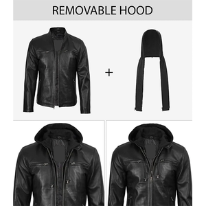 TOPEAK <b>SPORTS</b> <b>Black</b> Genuine Leather Cowhide Men's Detachable Hood Waterproof Breathable Eco-Friendly Winter <b>Jacket</b> Zipper - Product Image 5