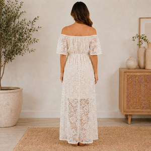 Robe longue de maternité bohème à épaules dénudées, en dentelle florale, sans manches, coupe trapèze, ample, couleur naturelle, pour l'été - Product Image 4