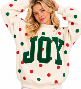 Sweat-shirt oversize à col montant pour femme, crème à pois, avec appliqué lettres « Green Joy », pull de Noël - Product Image 4
