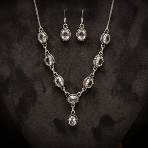 925 Sterling Silver Crystal Jewelry Set Necklace Earrings Clear Gemstone Pendant Oval Stones Bezel Setting Women's Party Wear - Product Image 6