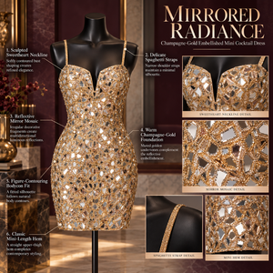 Mirror Mosaic <b>Gold</b> Mini Cocktail <b>Dress</b> with Sweetheart Neckline | Champagne <b>Gold</b> Spaghetti Strap Bodycon <b>Dress</b> for <b>Party</b> Events - Product Image 5