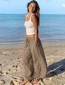 Women's Linen Cotton Harem <b>Pants</b> High Waist Drawstring Loose Ankle-Length Solid Color Casual <b>Summer</b> <b>Pants</b> With Pockets - Product Image 2