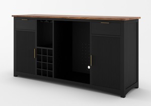 Meuble bar noir moderne avec rangement pour vin et refroidisseur intégré, dessus en bois, poignées en laiton, organisateur de boissons autoportant - Product Image 3
