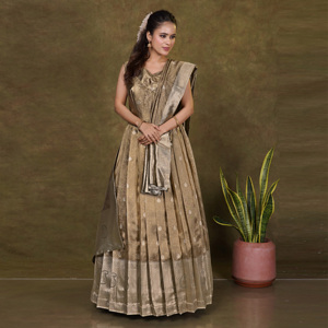 ชุดเดรสยาวผ้าไหมบานาราซี พร้อมลายปักดิ้นทองแบบดั้งเดิม สำหรับงานเทศกาลและงานเลี้ยง  ชุดยาวสไตล์ชาติพันธุ์ พร้อมผ้าคลุมไหล่ - Product Image 3