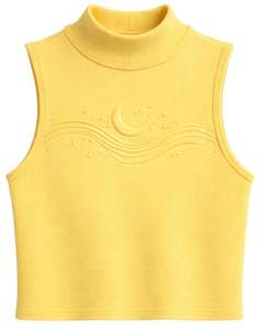 เสื้อกล้ามคอสูงสีเหลืองแบบร่องสำหรับผู้หญิง พร้อมลายดวงจันทร์นูน  แฟชั่นฤดูร้อนแบบไม่มีแขน  ผลิตตามสั่งจากโรงงาน - Product Image 1