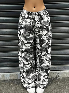 Pantalon en satin camouflage pour femme, taille haute, cordon de serrage, coupe ample, longueur intégrale, décontracté, pour le printemps, motif imprimé avec poches - Product Image 5
