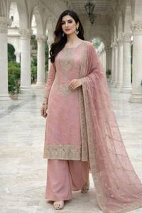 Ensemble de salwar kameez en soie brodée rose avec dupatta pour femmes indiennes/pakistanaises traditionnelles, idéal pour les remises de diplômes, Diwali, mariages - Product Image 1