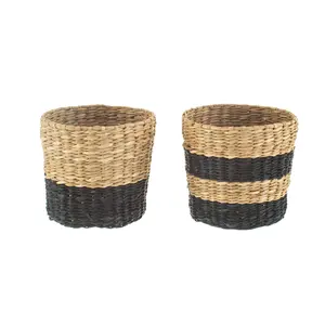 Set 2 colorblock black brown seagrass plant pot round basket planter for indoor plants gardening accessories