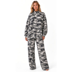 Conjunto de sudadera de camuflaje y pantalones anchos para mujer, estilo casual, cuello simulado, manga larga, ropa informal para estar en casa. - Product Image 3