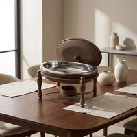 Plat de service ovale de luxe de style arabe, brun mat, avec pied sculpté, chauffe-plat, pour buffet du Ramadan, unité individuelle
