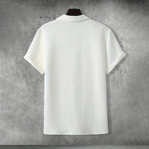 Men's White Short Sleeve Cotton Shirt Solid Color Casual Button <b>Down</b> Regular Fit Woven Fabric Breathable Design Front Logo - Product Image 4