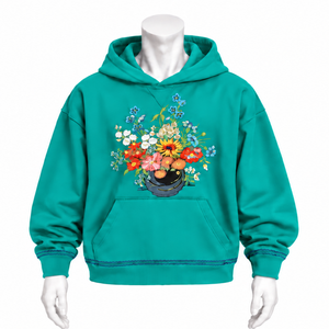 Teal Bouquet Flowers Hoodie Colorful Floral <b>Embroidery</b> Pullover <b>Sweatshirt</b> Kangaroo Pocket Oversized Casual Fashion Streetwear - Product Image 1