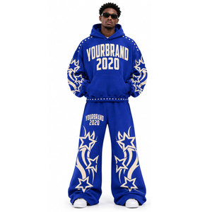 Eco Friendly Blue Hooded Tracksuit 2020 Full Length Loose Fit Hip Hop <b>Sweatshirt</b> And Pants Set With Star <b>Print</b> Side Pockets - Product Image 5