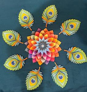 Mor Pankh Peacock Feather Rangoli Cutout 14 Inch Floral Dahlia Floor Placement Diwali <b>Pooja</b> <b>Mandir</b> Decor Mdf Wooden Accent Set - Product Image 1