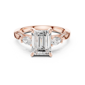 <b>Emerald</b> Cut Moissanite Diamond Engagement <b>Ring</b> With Pear Side Stones - Rose Gold Plated <b>Silver</b> Three Stone <b>Ring</b> for Women - Product Image 1