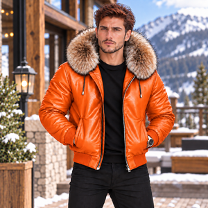 <b>Men's</b> Genuine Leather Hooded Bomber Jacket Fox Fur Trim <b>Summer</b> Breathable Plaid Pattern Motorcycle Fashion <b>Coat</b> Giacca Uomo - Product Image 1