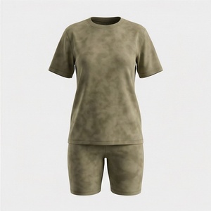 Ensemble 2 pièces pour femmes, t-shirt à manches courtes en tricot uni et short au-dessus du genou, col rond, respirant, vêtements de sport décontractés - Product Image 1