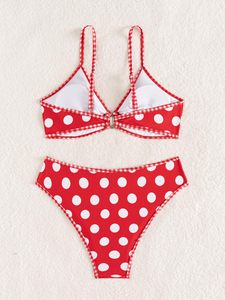 Women's <b>Red</b> Polka Dot Two Piece <b>Bikini</b> <b>Set</b> Printed Summer Crossed Halter Top Hipster Bottom Contrast Binding Stretch Swimwear - Product Image 5