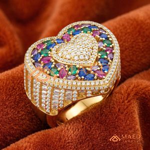 14k 18k Gold Plated Multi-Color Gemstone Heart <b>Statement</b> <b>Ring</b> - Pave Set Diamond Heart Center with Rainbow Halo - Product Image 4
