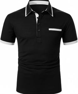 เสื้อโปโลขายส่ง ผ้าฝ้าย แขนสั้น สีดำ ตัดต่อสี ดีไซน์เพื่อประสิทธิภาพสูง รับผลิตตามแบบ (OEM) พร้อมสกรีนโลโก้ เสื้อโปโลผู้ชายทรงเข้ารูป - Product Image 1