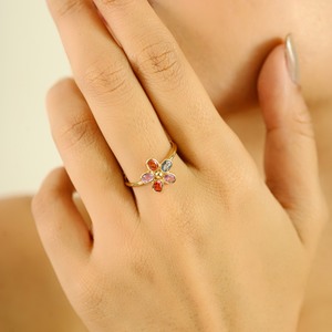 Collection de bagues florales en saphir arc-en-ciel naturel à 100 %, fabriquées à la main pour femmes, or jaune 14 carats, bijoux originaux - Product Image 4