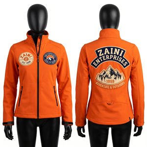 Veste Softshell ZAINI Orange à fermeture éclair intégrale, logo brodé, col montant, vêtement décontracté pour l'extérieur, unisexe, tissu polyester laminé - Product Image 1