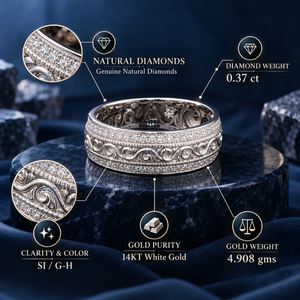 Bague pour homme en or blanc 14 carats avec diamant naturel 0,37 CT SI G-H, design gravé antique |   Fournisseur en gros de bijoux de luxe en Inde - Product Image 5